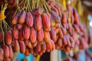Dates hanging from a tree in a market photo