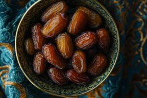 Dates in a bowl on a blue background photo