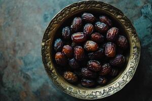 Dates in a bowl on a dark background photo