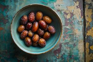 A bowl of dates on a wooden table photo