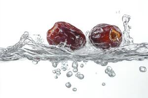 Two dates falling into water on a white background photo