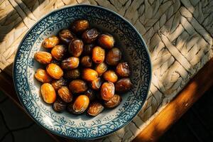 A bowl of dates sitting on a table photo