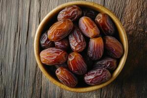 Dates in a bowl on a wooden table photo