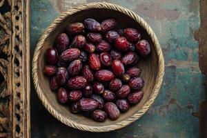 A bowl of dates on a wooden table photo