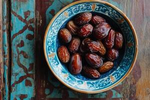 A bowl of dates on a wooden table photo