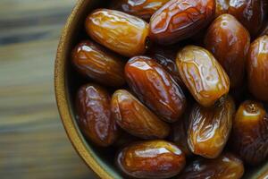 A bowl of dates sitting on a wooden table photo