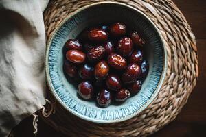A bowl of dates on a table photo