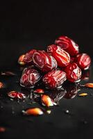 Dates on a black background with water photo