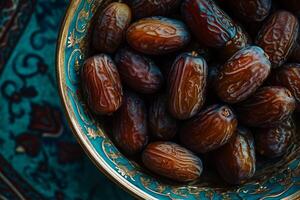 Dates in a bowl on a blue and gold background photo