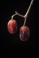 Two ripe dates on a branch with a dark background photo