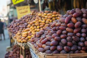 A large pile of dates in baskets on a street photo