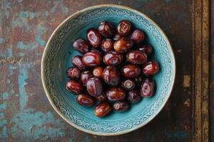 A bowl of dates on a wooden table photo