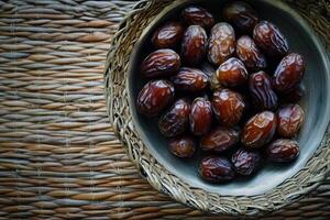 A bowl full of dates on a woven table photo