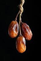 Three dates hanging from a rope on a black background photo