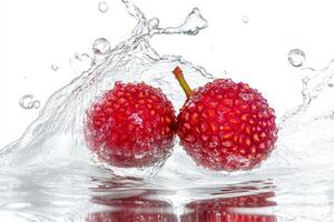Two red fruits are splashing in water photo
