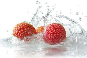 Three litchis are splashing in water photo