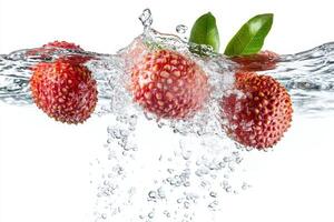 Fresh lychee fruit splashing water on white background photo