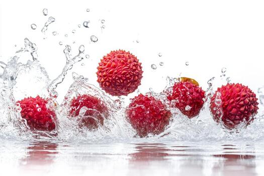 Fresh lychee fruit splashing water on white background photo