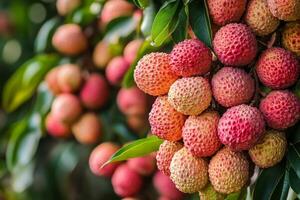 A bunch of lychees hanging from a tree photo