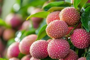 A bunch of litchi fruit hanging from a tree photo