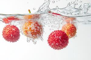 A group of red and yellow fruit floating in water photo