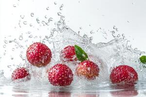 Strawberries falling into water with splash photo