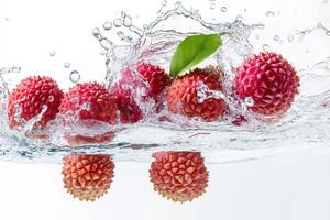 Fresh lychee fruit splashing water photo