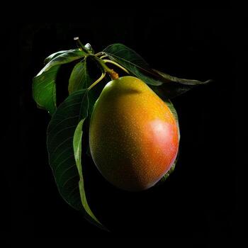 A mango on a branch with leaves photo