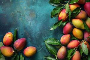Mango fruit on blue background with leaves photo