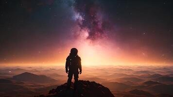 A pilot watches the breathtaking aurora on a new planet, standing on the mountain edge, surrounded by the vastness of space and celestial lights in a stunning display of interstellar discovery. video