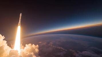The rocket propels into outer space, breaking through the atmosphere in a breathtaking liftoff that symbolizes humanity's ongoing journey of space exploration and the search for new frontiers. video