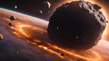 A meteorite plunges through Earth atmosphere.creating a fiery cosmic spectacle as it falls toward the planet surface.This image captures the dramatic moment of space video