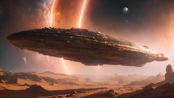 A futuristic spaceship travels across dimensions over a distant planet, venturing into the unknown of another galaxy, showcasing a sci-fi fantasy of intergalactic exploration and space adventure. video
