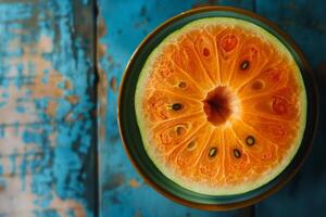 A slice of orange melon on a blue table photo