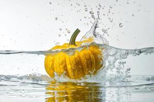 A yellow pumpkin is splashing into water photo