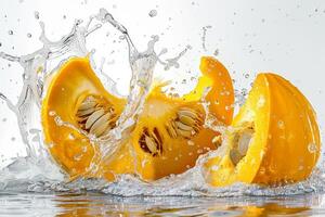 A water splash on a yellow squash photo