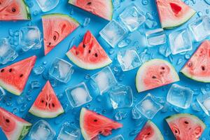 Watermelon slices and ice cubes on a blue background photo