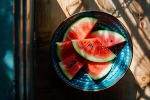 Watermelon slices in a blue bowl on a wooden table photo
