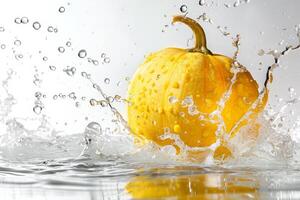A yellow pumpkin is splashing water on a white surface photo