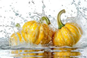 Three yellow pumpkins are splashing in water photo