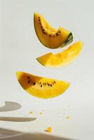 A slice of yellow fruit is being thrown into the air photo