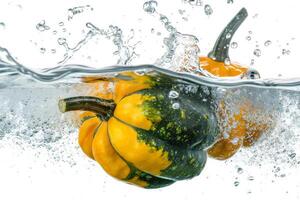 Two pumpkins are submerged in water photo