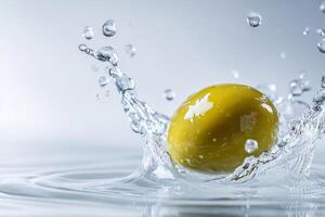 A yellow egg is splashing into water photo