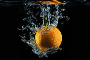 An orange is being splashed into the water photo