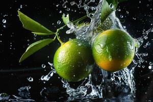 Two limes are being splashed with water photo