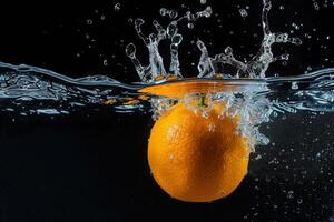 An orange is being splashed in water photo