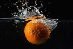 An orange is being splashed into the water photo
