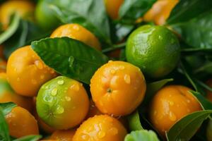 A bunch of oranges and limes with water drops photo