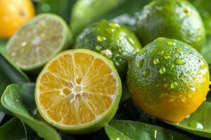 Citrus fruits with water droplets on leaves photo