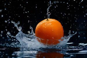 An orange is splashing in water photo
